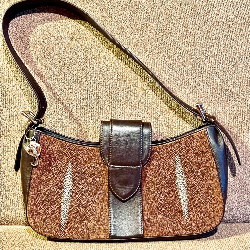 Genuine Leather Real Stingray Skin Brown Shoulder Strap Bag big zippers NNT